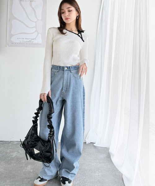 【mily bilet】春夏の新定番！くるみボタンアシンメトリーネックボーダーリブニット(長袖） mi1029111