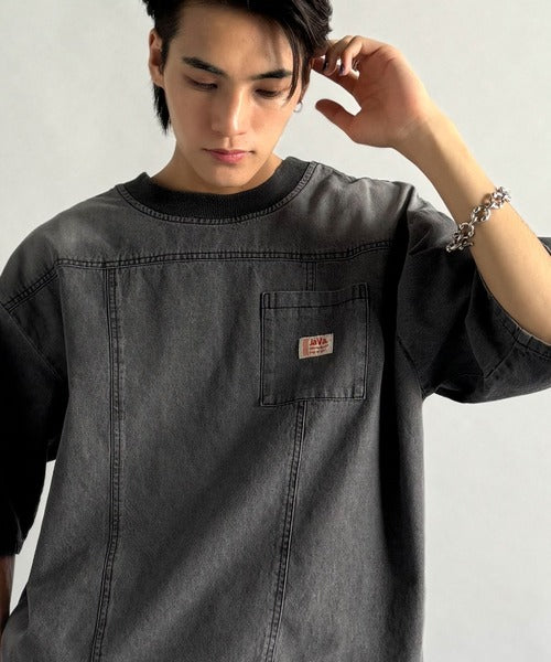 《JaVaジャバコラボ》綿100％ヴィンテージ加工アウターデニムTシャツ jo1010007