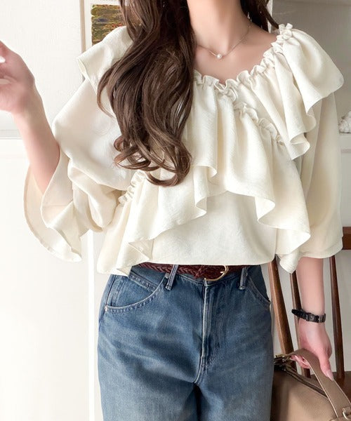 【mily bilet】大人の甘さがちょうどいい♪オフショル2wayキャンディースリーブカシュクールブラウス（長袖） mi1019127