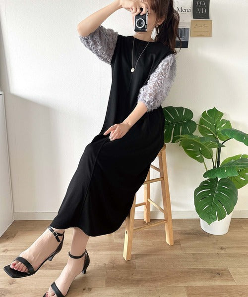 1枚で完成する大人の抜け感ワンピ♪袖花柄チュールドッキングワンピース ce1010471