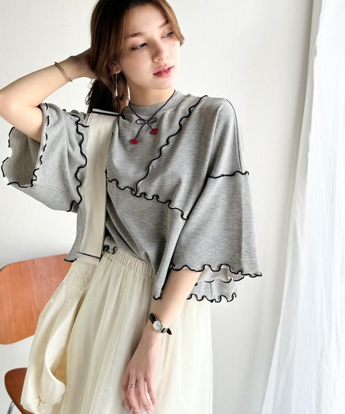 Tシャツより可愛く、スウェットより軽やか♪5分袖メロウ切替裏毛トップス ce1020310