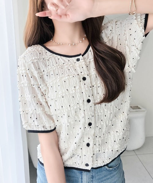 【mily bilet】フレンチシックな装いでドラマチックに彩る。前後2wayフリルドットカーディガン（半袖） mi1029182