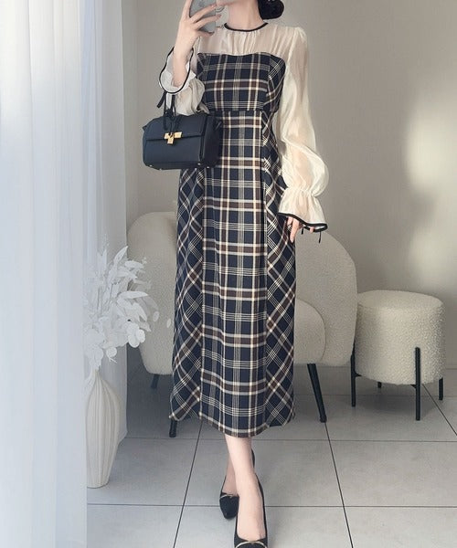 【mily bilet】上品でフェミニン。シャイニーシアードッキングIラインチェックワンピース mi1139046
