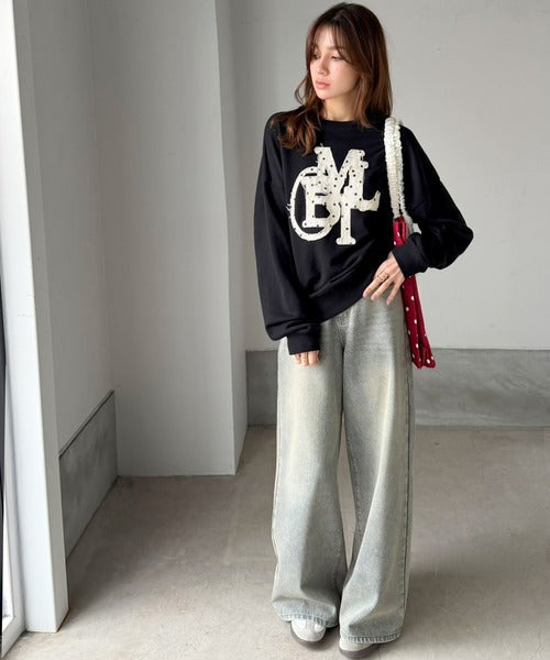 【mily bilet】ラフなシルエットに、遊び心をプラス。デニムフリンジワッペン使い裏毛スウェット(長袖)(ドットあり) mi1329132