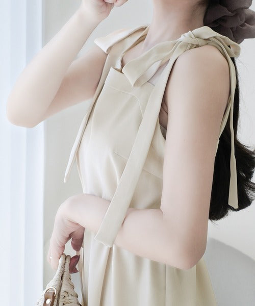 【mily bilet】上品な大人の甘さ惹き立てる、麻ライクなリボン使いキャミティアードワンピース（ロング） mi0789008