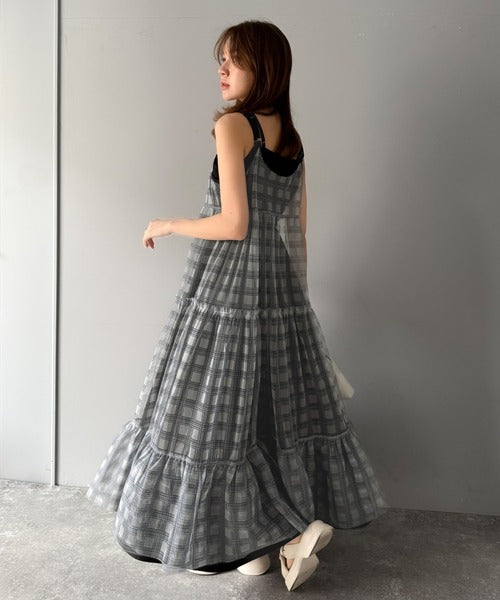 【mily bilet】大人の甘さを引き立てる。チェックチュールフリルティアードキャミワンピース mi1139078