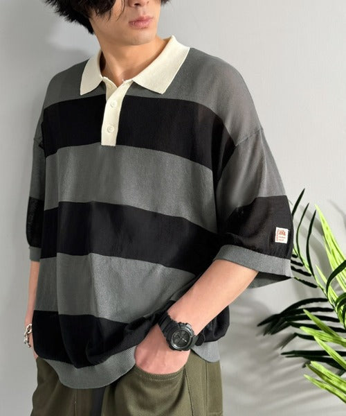 《JaVaジャバコラボ》【接触冷感機能付き】シャリ感がクセになる夏仕様ニット素材。太ボーダー涼やかラガーポロシャツ jo1150095