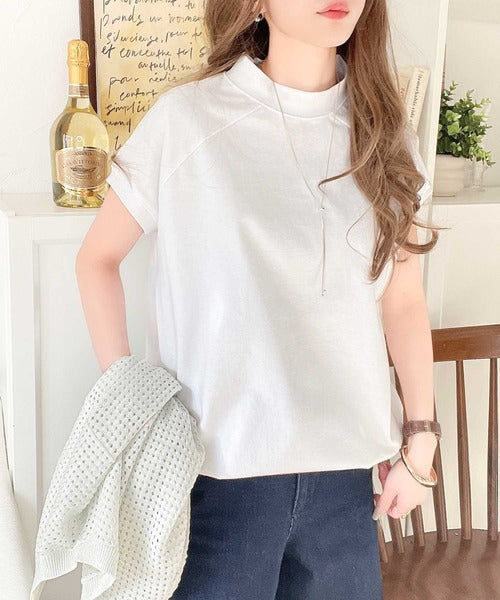 綿100%USAコットン。大人のモックネックフレンチラグラン裾ドロストシンプルTシャツ ce0780080