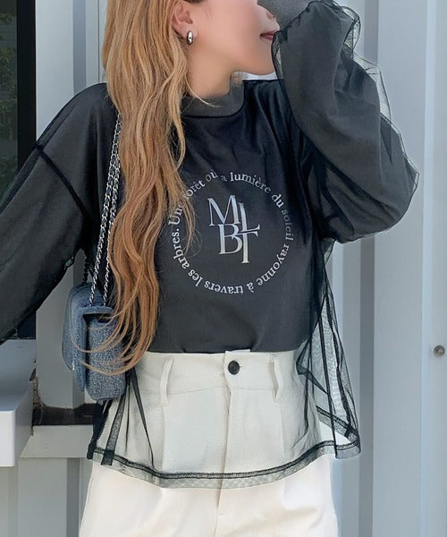 【mily bilet】デイリーからお出かけまであらゆるシーンに大活躍！箔プリントチュール重ねロングTシャツ mi1019058