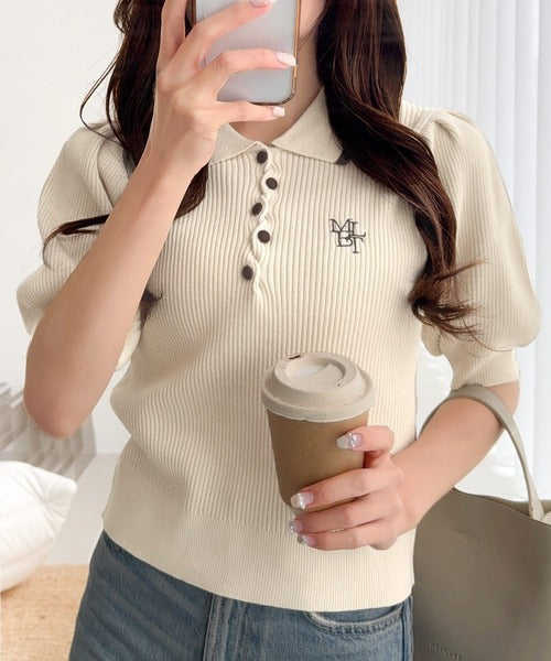 【mily bilet】配色×くすみカラーで魅せる、ずるい清楚さ。配色ラインポロニット (半袖) mi1359044
