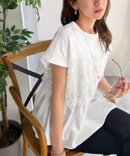 甘さを仕込む、大人の余裕。綿100％シルケット加工×シアーフリル切替オーバーサイズペプラムTシャツ（半袖） ce1410008