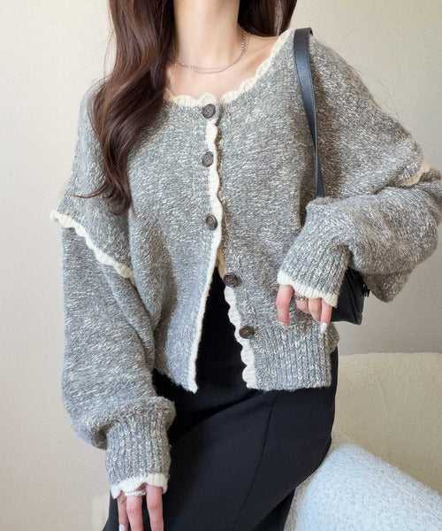 【mily bilet】どこから見ても、ときめきを纏う。前後2WAYスカラップ配色MIXヤーンニットカーディガン mi1029188