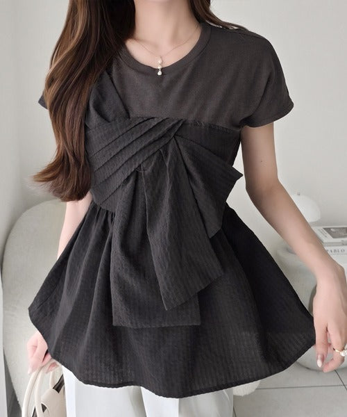 【mily bilet】忙しい朝も悩まない、初夏の一軍トップス。リボンビスチェドッキングTシャツ (半袖) mi1019145