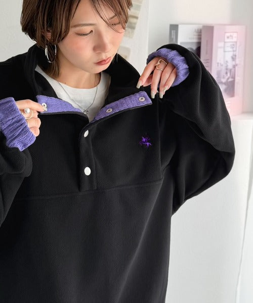 《JaVa ジャバコラボ》暖かさも、お洒落感も、欲張りに。胸刺繍ジャガード切り替えハーフボタンフリースプルオーバー jv1010674