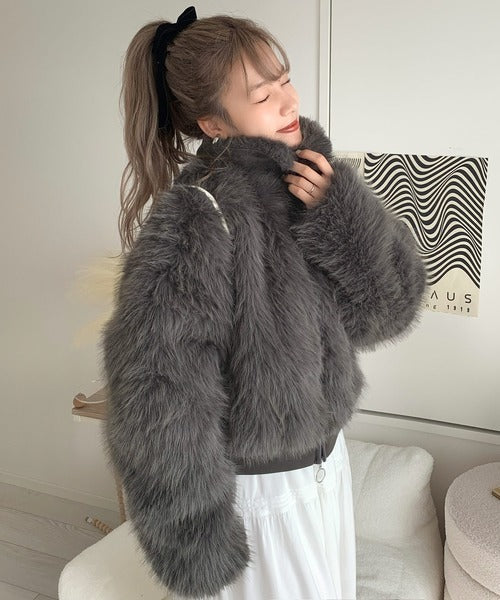 【mily bilet】今期主役級ふわふわアウター。ミックスシャギーファーダブルジップショート丈ブルゾン mi1019053