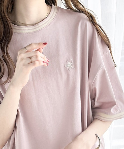 《JaVa ジャバコラボ》大人スポーティー。綿100%シルケット 配色刺繍Tシャツ jv1050074