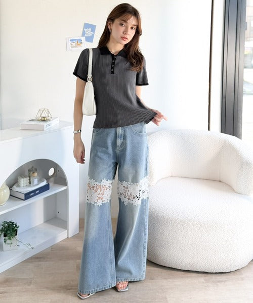 【mily bilet】オン・オフ使えて、春夏コーデにピッタリ。金縁ボタン使いバイカラーリブポロニット(半袖) mi1029197
