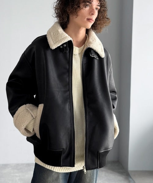 【Classical Origin】「ずっしりかっこいい。」2way襟ボア切り替えフェイクレザージャケット／2way Boa Collar Faux Leather Jacket co1150081
