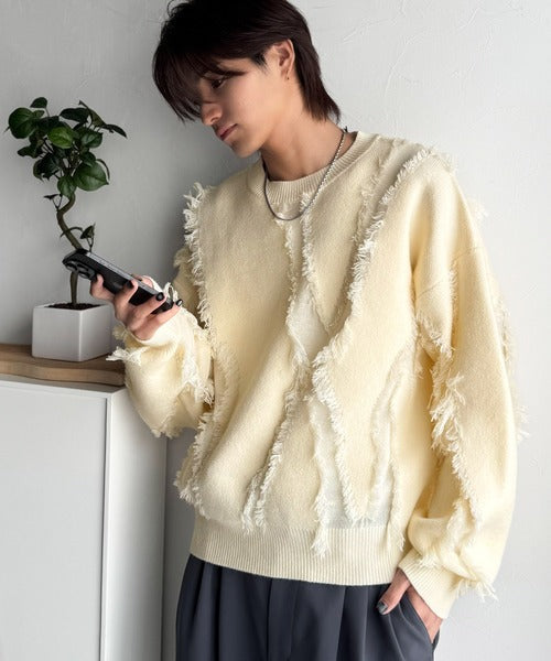 【classical origin】「着るだけで、印象派」。フリンジデザイン配色オーバーサイズニット（長袖）/Fringe design oversized long sleeve knit ao1260444