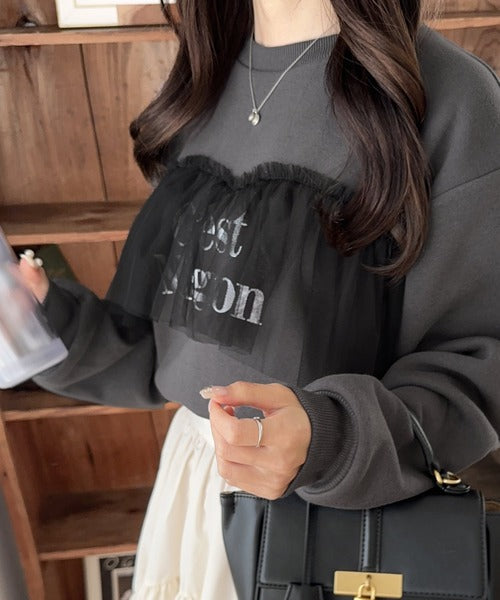 【mily bilet】おしゃれと快適さを同時に叶える。チュール切り替え箔プリント裏起毛スウェット mi1359002