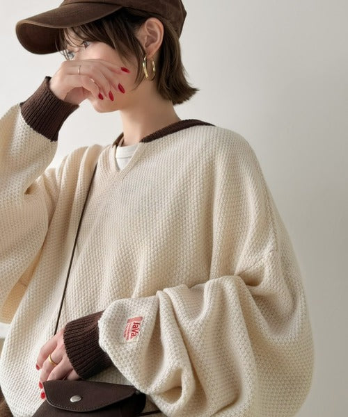 《JaVaジャバコラボ》ざっくり×配色が旬顔。配色スキッパーオーバーサイズ鹿の子編みニット（長袖） jv1410040