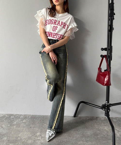 【mily bilet】可愛さふわり2倍増し！ ダブルフリル袖カレッジライクロゴゆるTシャツ mi1329036