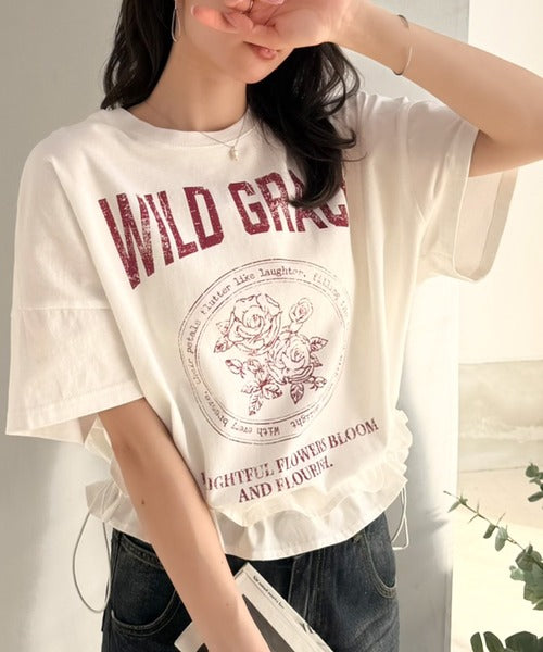 【mily bilet】甘辛バランスが叶う！綿100％ゆるシルエット裾ドロストフリルプリントTシャツ mi1329075
