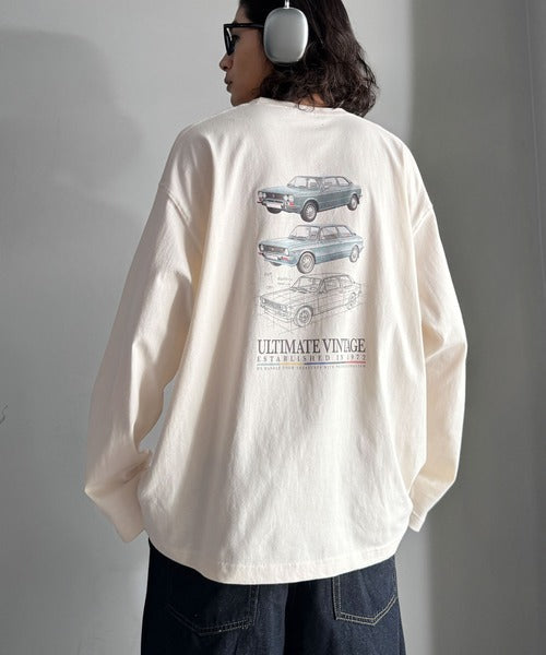 《JaVaジャバコラボ》ヴィンテージ感漂う綿100%クラシックカーグラフィックTシャツ（長袖） jo1150067