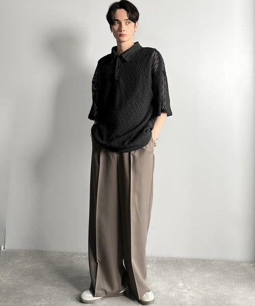 「透け感、モードの余韻。」衿ダブルライン使いレース柄ニットポロシャツ/Lace Detail Knit Polo Shirt co1010010