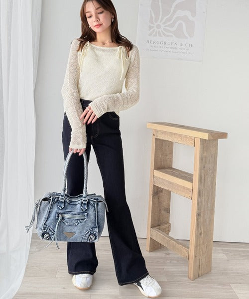 【mily bilet】大人かわいい肌見せを叶える。プレートデザイン前後2WAYメッシュ編み肩リボンニットプルオーバー（長袖） mi1259014