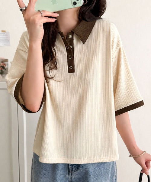 大人の配色で、オフィスにも着やすい♪着回し抜群の ランダムリブ 配色ポロトップス(半袖) ce1010636