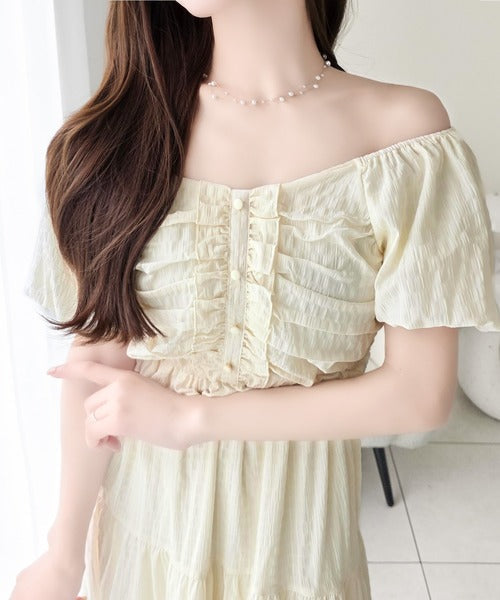 【mily bilet】甘さの中に、ほんのり大人っぽさを♪オフショル2wayギャザードッキングロングワンピース mi1019138