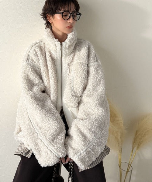 《JaVaジャバコラボ》ぬくぬく愛らしい◎プードルボア×ナイロン異素材切替フライトジャケット jv1265031
