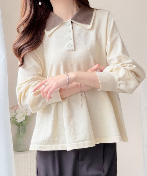 【mily bilet】衿でときめき、裾で華やぐ。パール調ボタン配色ダブルカラーペプラムニット（長袖） mi1359072