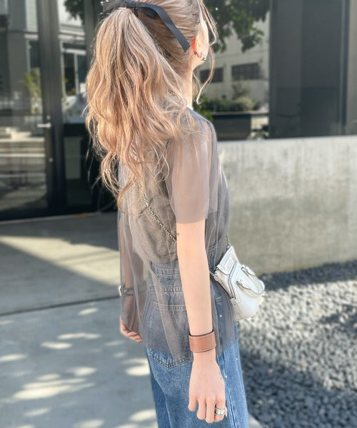 【mily bilet】1枚で上級お洒落style。チュール重ね着風シルバー箔プリントTシャツ mi1149050