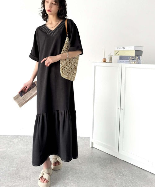 大人の抜け感。ステッチ使いVネックロングワンピース ce1260386