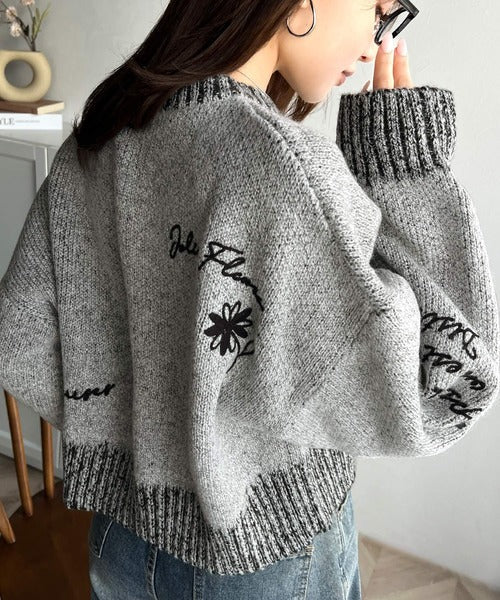 【mily bilet】大人の個性派ニット。ランダム刺繍クロップドニットプルオーバー mi1029088