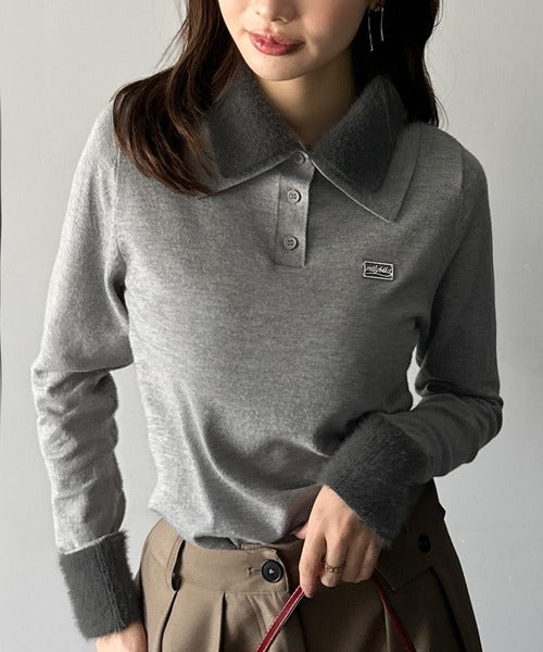 【mily bilet】上品とカジュアルを叶える、大人コーデが即完成。ファー使いダブル襟ロゴプレートニットポロ(長袖) mi1029150