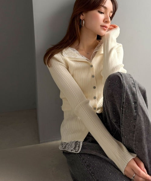 【mily bilet】顔周り、可愛く盛れちゃう！レースドッキング ランダムリブニット トップス(長袖） mi1359074
