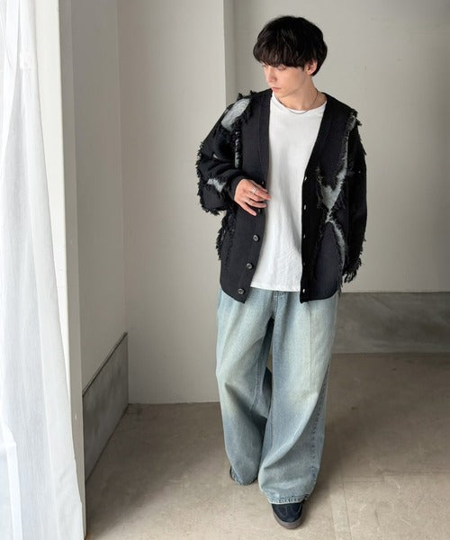 《JaVaジャバコラボ》配色×フリンジ、圧倒的存在感。配色フリンジVネックニットカーディガン jm1260632