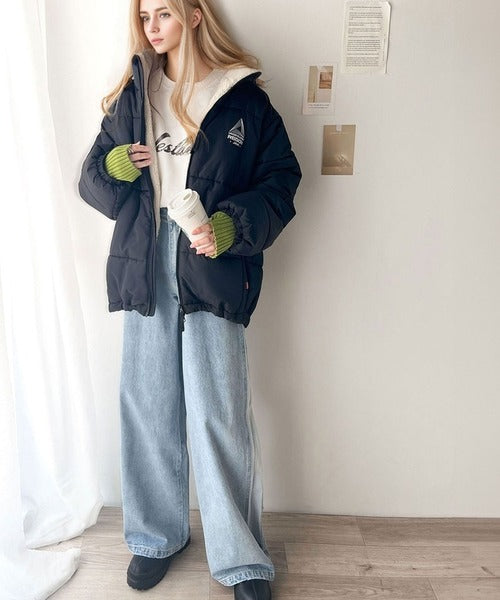 《Javaジャバコラボ》ふわり軽い着心地。JAVAマウンテン刺繍ダブルジップ中綿襟ボアブルゾン jv1260208