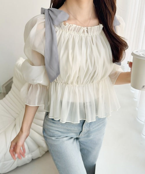 【mily bilet】大人愛され甘め主役級トップス。肩リボンオフショル２WAYオーガンジーブラウス(長袖) mi1359008