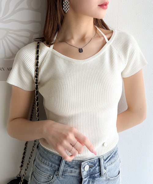 【mily bilet】お洒落この夏さらっと着れる♪チョーカーリボン紐付きサマーニットトップス(半袖) mi1029110
