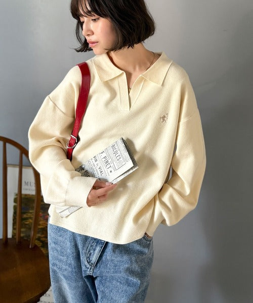 《JaVaジャバコラボ》大人の抜け感をプラス◎胸刺繍ハーフミラノスキッパーニット jv1260490