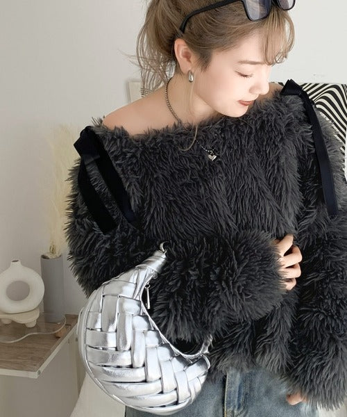 【mily bilet】冬の華やかトップス。オフショル２WAY肩リボンファートップス mi1019064