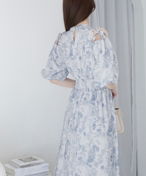 【mily bilet】爽やかで優雅な大人フェミニン。肩開きリボン２WAY花柄バルーン袖ワンピース（ロング丈） mi1139084