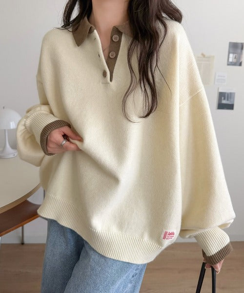 《JaVaジャバコラボ》たっぷりポロが可愛い。配色襟付きヘンリーオーバーサイズニット (長袖) jv1350020