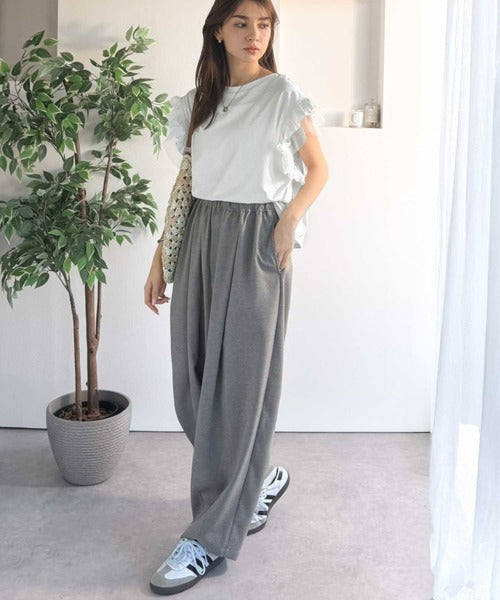 【UVカット・吸水速乾・接触冷感機能付き】ふんわり大人トップス。袖チュール切替フリル使いフレンチスリーブTシャツ ce1110172