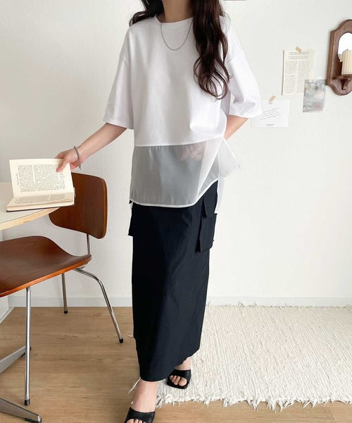 春夏に涼しさ引き立てる透け感が◎裾シアー切り替えライトダンボール半袖Tシャツ ce1110116