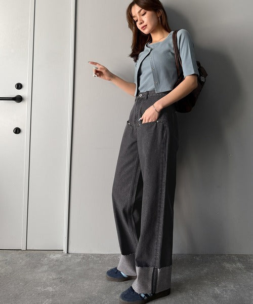 《JaVa ジャバコラボ》新感覚な大人デニム。ロールアップフロントポケットワイドデニムパンツ jv0909005
